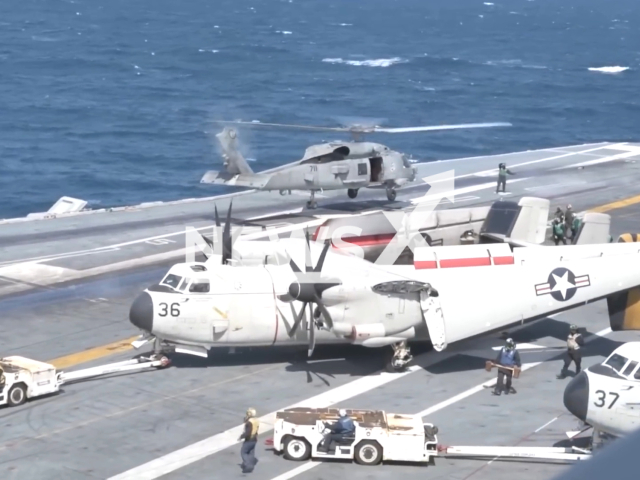 Picture shows an aircraft on board USS Nimitz (CVN-68), in Busan, South Korea, on Monday, March 27, 2023. USS Nimitz (CVN-68) was named after World War II Pacific fleet commander Chester W. Nimitz. Note: Picture is a screenshot from a video. (U.S. Navy/Newsflash)