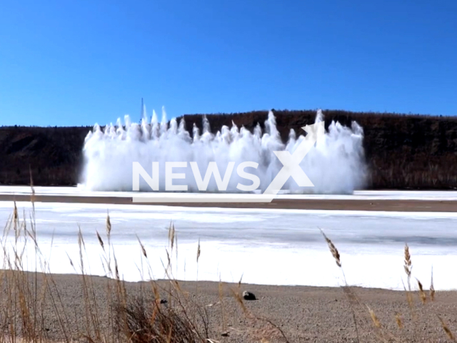 Picture shows ice explosions on the Amur River, near the village of Ushakovo, in Russia, undated. The Amur, or Heilong Jiang, is the world's tenth longest river, forming the border between the Russian Far East and Northeastern China. Note: Picture is screenshot from a video. (Main Directorate of the Ministry of Emergency Situations of the Amur Region/Newsflash)