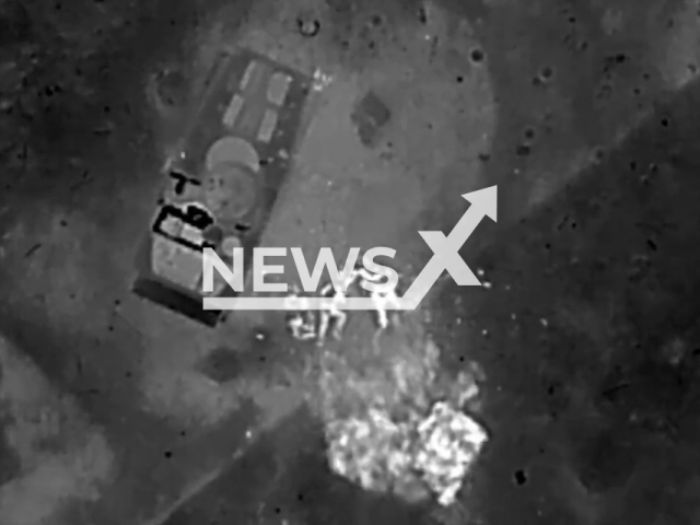 Ukrainian drone destroys Russian military position and equipment in the Donetsk region in Ukraine in undated footage. The footage was released by the 36th separate marine brigade on Monday, Apr. 10, 2023. Note: Picture is a screenshot from a video (@36obmp/Newsflash)