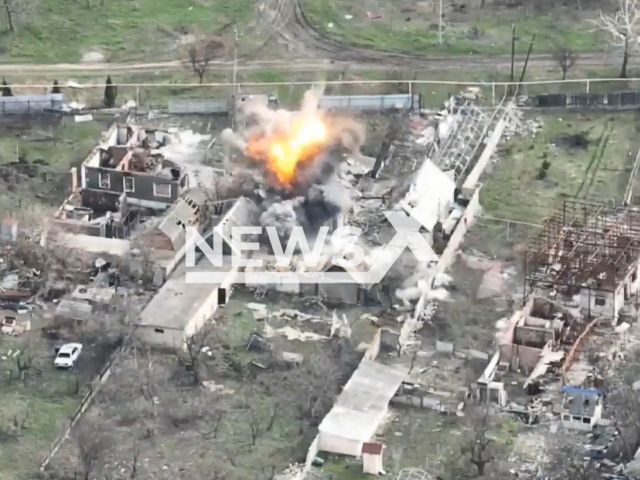 Ukrainian artillery destroys the Russian soldiers hiding in the abandoned houses in the Donetsk region in Ukraine in undated footage. The footage was released by the 36th separate marine brigade on Sunday, Apr. 9, 2023. Note: Picture is a screenshot from a video (@36obmp/Newsflash)