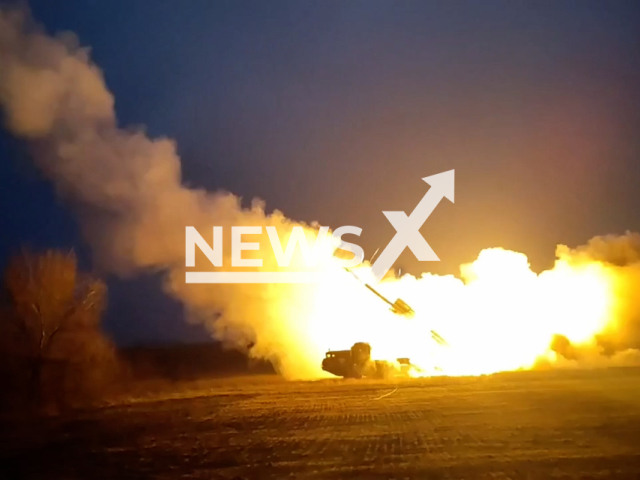 Russian Smerch MLRS fire at Ukrainian military position in Ukraine in undated footage. The footage was released by the Russian MoD on Monday, Apr. 10, 2023. Note: Picture is a screenshot from a video (Ministry of Defense of Russia/Newsflash)