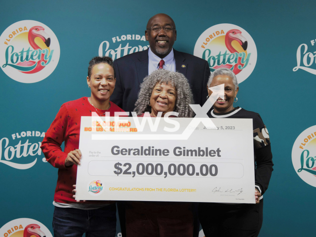 Image shows Geraldine Gimblet (bottom middle), from the city of Lakeland, Florida State, USA, undated photo. She won USD 2 million (GBP 1.6 million) playing a scratch-off lottery game the day after her daughter finished treatment for breast cancer. Note: Licensed content. (Florida Lottery/Newsflash)