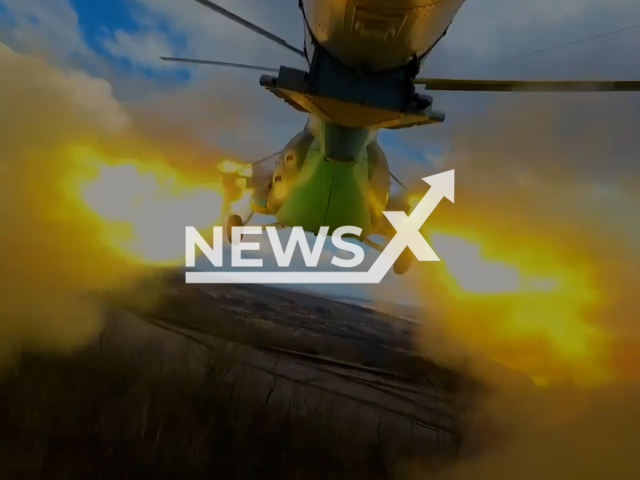 Ukrainian helicopters fire missiles at Russian positions in Ukraine in undated footage. The footage was released by the 18th Separate Brigade of Army Aviation on Monday, Apr. 10, 2023.Note: Picture is screenshot from a video. (@18obraa/Newsflash)