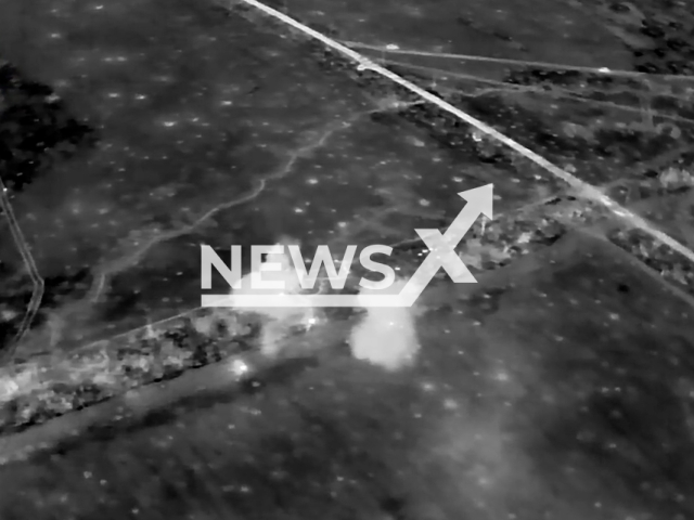 Ukrainian marines destroy Russian military positions with the help of a drone and artillery near Avdiivka in Ukraine in undated footage. The footage was released by the 36th separate marine brigade on Saturday, Apr. 08, 2023 Note: Picture is screenshot from a video. (@36obmp/Newsflash)