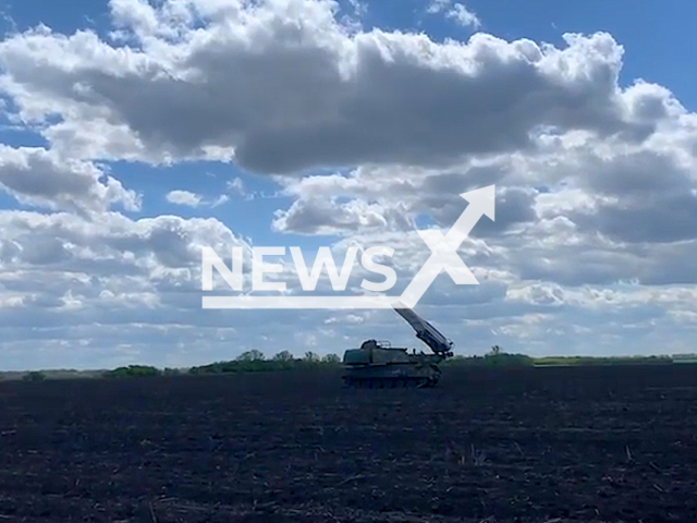 Ukrainian fighters fire rockets from a Buk air defense system in Ukraine in undated footage. The footage was released by the Air Command "West" on Tuesday, Apr. 11, 2023. Note: Picture is screenshot from a video. (@PvkZahid/Newsflash)