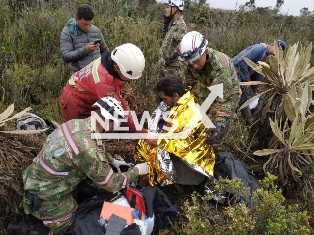 The recue of Jeshua Kaslo, a 49, disappeared on 19th February, was found alive on 7th March , 2022,  in the Pan de Azucar moor, in Cundinamarca, Colombia. Note: Photo from government organization. (Ejercito Nacional de Colombia/Newsflash)