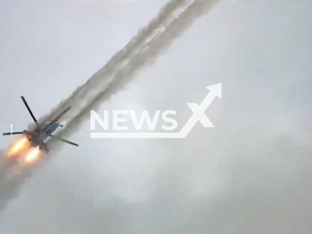 Ukrainian helicopters launch a series of missile strikes on Russian military targets on a battlefield in Ukraine in undated footage. The footage was released by the 16th Separate Army Aviation Brigade "Brody" on Tuesday, Apr. 11, 2023. Note: Picture is screenshot from a video. (@16OBrAA/Newsflash)