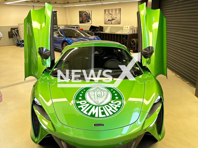 Photo shows a green McLaren Artura with Palmeiras logo on its hood, undated. Joao Adibe Marques, a Brazillian businessperson, is the owner of the car. Note: Picture is private (@joaoadibemarques/Newsflash)