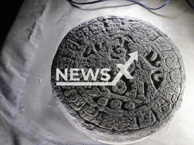 Picture shows the Mayan stone disc used as a marker for the Mesoamerican ballgame, undated. It was discovered in Chichen Itza, Mexico, despite being more than a thousand years old the carving was intact.

Note: Licensed photo.  (INAH/Newsflash)