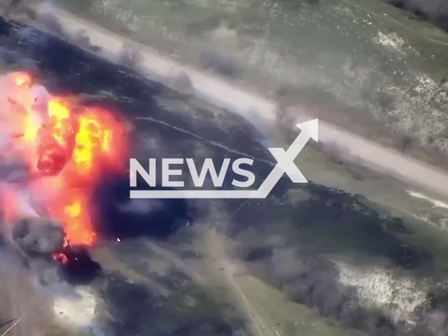 Russian tanks explode in a massive fireball after being hit by Panzerhaubitze 2000 a German 155 mm self-propelled howitzer near Liman in Ukraine in undated footage. The footage was released by the 43th Separate Artillery Brigade on Tuesday, Apr. 11, 2023.
Note: Picture is screenshot from a video. (@43oabr/Newsflash)