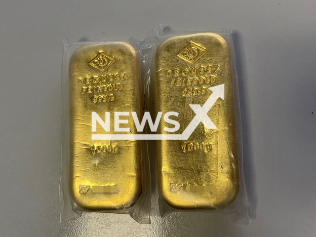 Image shows the two gold bars worth EUR 135,000 (GBP 118,633), undated photo. They were found by a 29-year-old while cleaning his apartment in the city of Heidelberg, Baden-Wuerttemberg State, Germany, on Friday, April 7, 2023. Note: Licensed content. (Mannheim Police Headquarters/Newsflash)