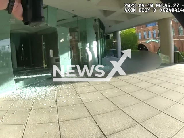 Police officers take down the bank shooter who killed 5 people, at the Old National Bank in Louisville, in Kentucky, USA, on Monday, April 10, 2023. The shooter was 25-year-old bank employee Connor Sturgeon. Note: Picture is a screenshot from a video (Louisville Metro Police Department/Newsflash)