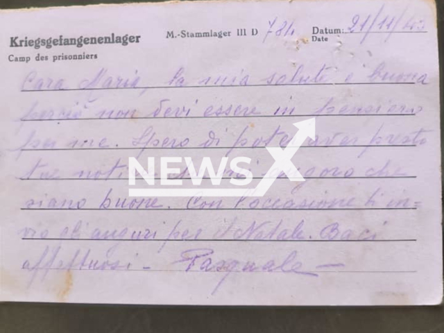 Picture shows the letter writen by a man in November 1943 that  was delivered after 80 years, to Taranto, Italy.  A man  wrote to his wife from a prison camp near Berlin, Germany but the letter  was delivered in recent days. 
 Note: Private photo.  (@Barullisindacodimottola/Newsflash)