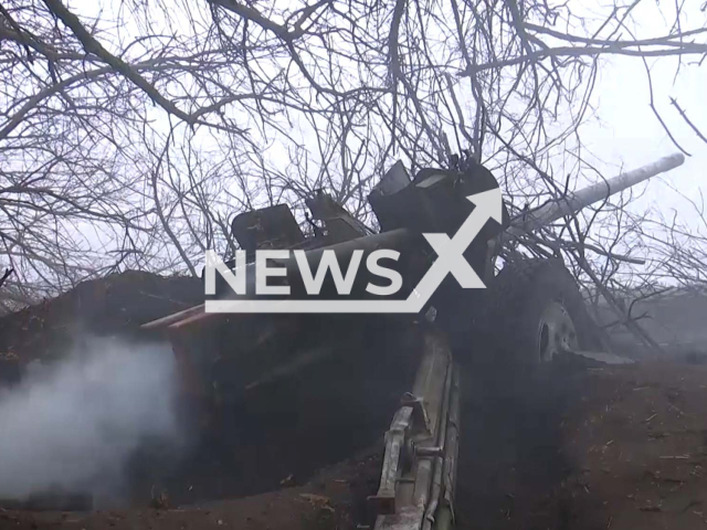 Russian artillery fire with MT-12 "Rapier" guns in Ukraine in undated footage. The footage was released by Russian MoD on Friday, Apr. 14, 2023.
Note: Picture is screenshot from a video. (Ministry of Defense of Russia/Newsflash)