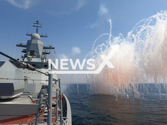 Russian ships conduct missile and artillery firing in the Sea of ​​Japan in undated footage. The footage was released by Russian MoD on Tuesday, Apr. 18, 2023.
Note: Picture is screenshot from a video. (Ministry of Defense of Russia/Newsflash)