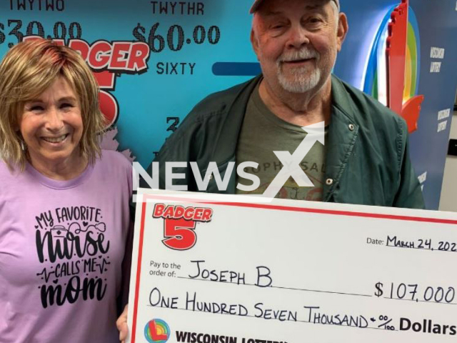 Joseph Bednarek with  wife Ellen Bednarek, who sent him out for hot dogs and other groceries at a Pick 'N Save in Fond du Lac, USA,  where he bought lottery tickets and won a USA 107,000 Jackpot, on 22nd March.  
Note: Photo from press statment. (Wisconsin Lottery/Newsflash)