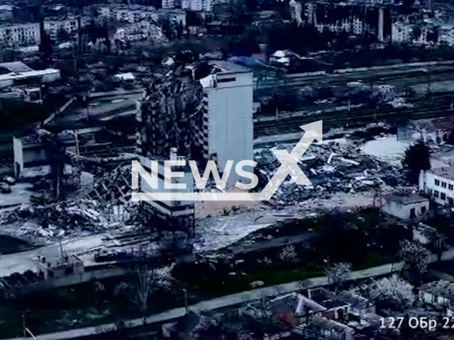 Description: Picture shows complete ruins and in smoke from the Russian shelling in Bakhmut  in Donetsk region in Ukraine in undated footage. The footage was released by the Regional Directorate of Territorial Defense Forces "East" on Tuesday, Apr. 18, 2023. Notes: Picture is screen from a video.(@troskhidzsu/Newsflash)