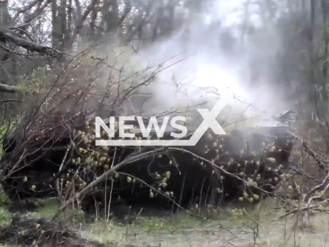 Description: Ukrainian fighters fire with automated artillery system Nona-S at the Russian military positions in Ukraine in undated footage. The footage was released by 35th separate marine infantry brigade on Wednesday, Apr. 19, 2023. Notes: Picture is screen from a video.(@35obrmp/Newsflash)