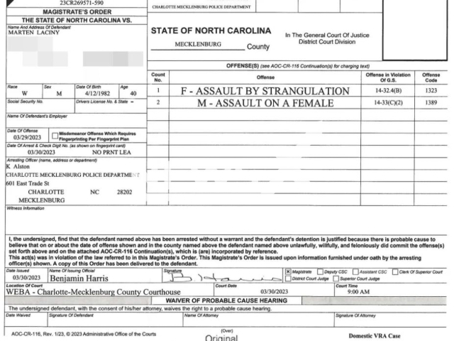 Picture shows the court records, undated. Marten Laciny, 40, known as Marteria, faced charges in a case involving the rapper choking a woman in the city of Charlotte, North Carolina, USA, on Tuesday, April 18, 2023.  Note: Private photo.  (Mecklenburg County General Court of Justice/Newsflash)