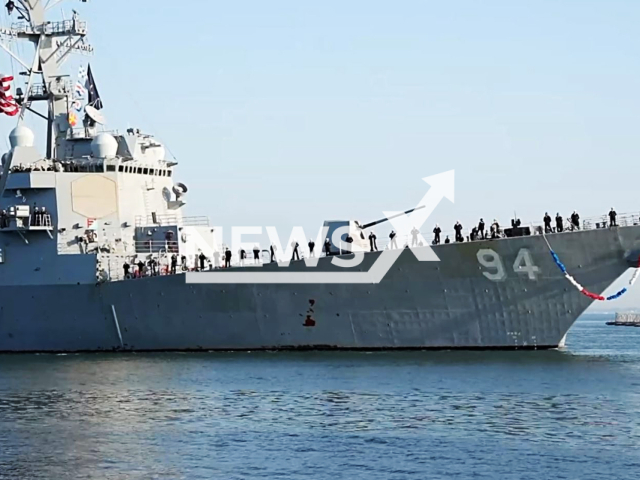 The guided-missile destroyer USS Nitze (DDG 94) arrives at Naval Station Norfolk after a scheduled deployment, in Norfolk, Virginia, on Wednesday, April 5, 2023. USS Nitze is named for Paul Nitze. Note: Picture is screenshot from a video. (Kris Lindstrom; U.S. Navy/Newsflash)