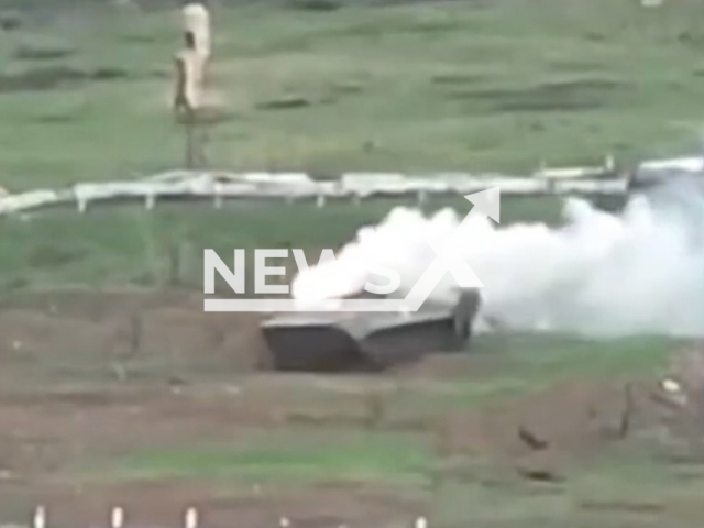 Russian soldiers jump in panic from the BMP after it was hit by the Ukrainian ATGM near Avdiivka north of Donetsk in Ukraine in undated footage. The footage was released by the 59th separate motorized infantry brigade on Thursday, Apr. 20, 2023. Note: Picture is a screenshot from a video (@59ompbr/Newsflash)