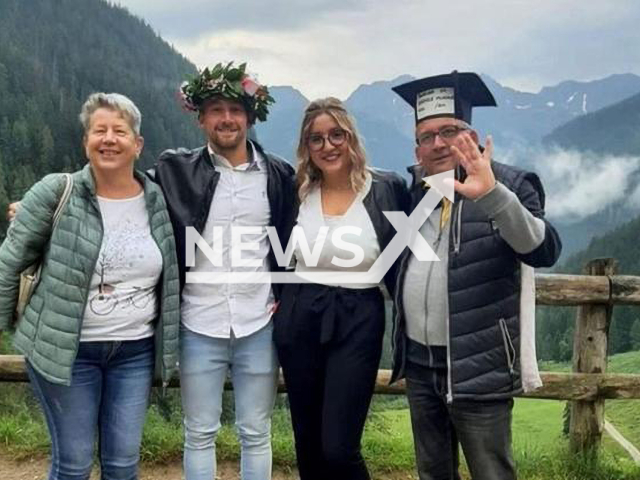 Victim Andrea Papi, 26, with his family including his father Carlo Papi, undated photo. His injured lifeless body was found in the woods and it is suspected he was attacked by a bear, in Val di Sole, Italy, on Wednesday, March 5, 2023. Note: Private photo. (Newsflash)