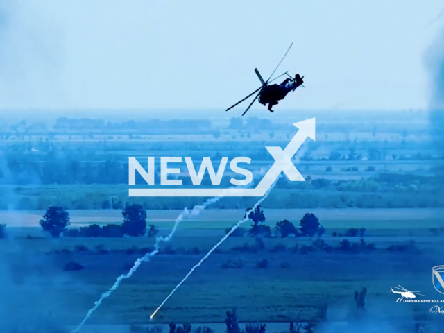 Ukrainian combat helicopters blast Russian targets from the sky with missiles in Ukraine in undated footage. The footage was released by the Eleventh Separate Brigade on Thursday, Apr. 20, 2023. Note: Picture is screenshot from a video. (Eleventh Separate Brigade/Newsflash)