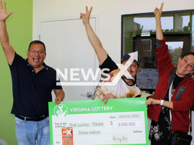 Winners Walter Mendez, Delores Vigil and Juan Carlos Fuentes pose in undated photo. They won USD 3 million (GBP 2.4 million) on the lottery in Virginia State, USA. Note: Licensed content. (Virginia Lottery/Newsflash)