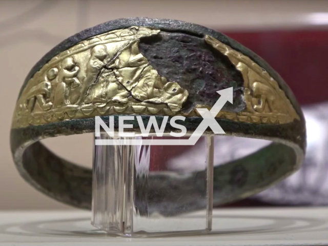 A rare 3,300-year-old ancient bracelet from the Hittite era, that was discovered by a man ploughing his farm in Corum, Turkey. Note: Picture is a screenshot from a video (Newsflash)