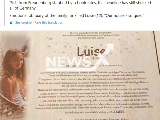 Images shows the emotional obituary of the family of Luise Frisch, aged 12, who was killed in the city of Freudenberg, in North Rhine-Westphalia, Germany, undated photo. The incident occurred on Saturday, Mar. 11, 2023. Note: Photo is a screenshot from a post. (Newsflash)