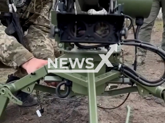 Ukrainian fighters operate with Ukrainian-made radio-controlled fire complex "Shablya" in the training ground in Ukraine in undated footage. The footage was released by 68th separate hunting brigade on Monday, Apr. 24, 2023. Note: Picture is screenshot from a video. (@68brigade/Newsflash)