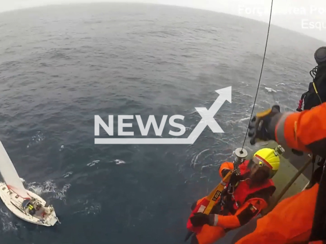 Air Force rescuer lowers from a helicopter to rescue  a 31-year-old French woman who was  in need of urgent health care from a sailboat in the Azores,  Portugal on Sunday, April 23, 2023. She was transported to a hospital, after receiving the   health care while still on board the helicopter. Note: Picture is a screenshot from a video (Forca Aerea/Newsflash)