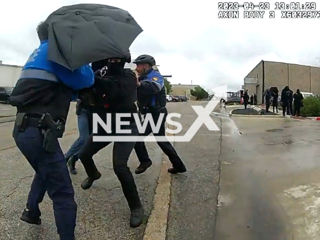 Picture shows an officer's point of view of the incident at the drag show protest in Fort Worth, Texas, on Sunday, April 23, 2023. Three people were arrested. Note: Picture is screenshot from a video. (@fortworthpd/Newsflash)