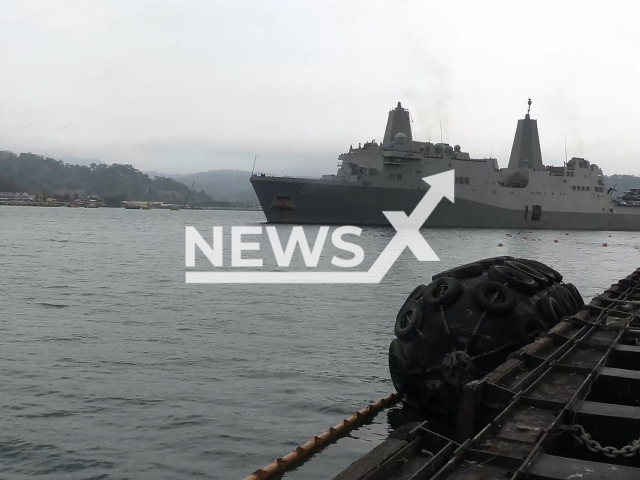 U.S. Navy USS John P Murtha (LPD 26) docks to unload equipment during Balikatan 23 at the Subic Bay Global Terminal, Philippines, on Tuesday, April 11, 2023. Balikatan is an annual exercise between the Armed Forces of the Philippines and the U.S. military. Note: Picture is a screenshot from a video (Manuel Rivera; U.S. Marine Corps/Newsflash)