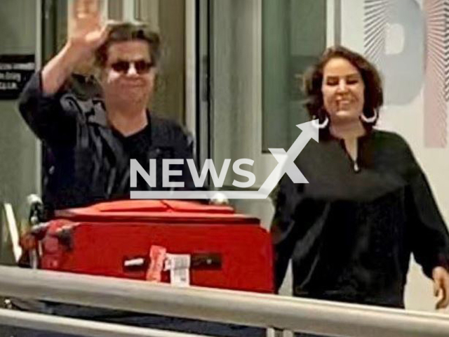 Jafar Panahi poses with Tahereh Saidi in undated photo. His wife Tahira Saeedi announced that the director's ban on leaving Iran was cancelled after 14 years and he went on a trip. Note: Private photo. (@taherehsaidii/Newsflash)