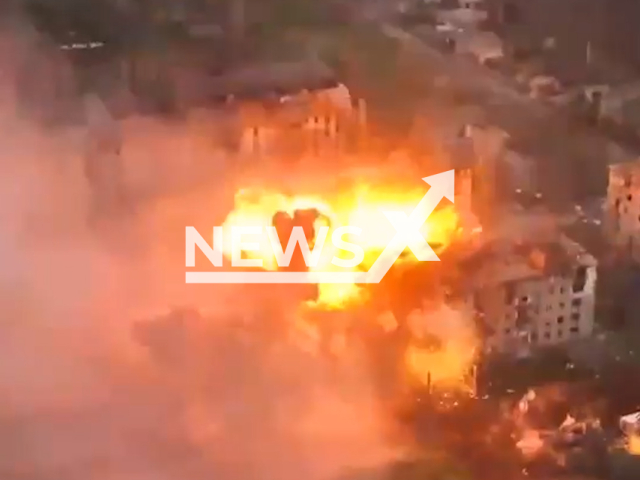 Ukrainian drones and tactical aviation destroy Russian ammunition depot in Bakhmut in Ukraine in undated footage. The footage was released by an army of drones on Tuesday, Apr. 25, 2023. Note: Picture is a screenshot from a video (@army.of.drones/Newsflash)