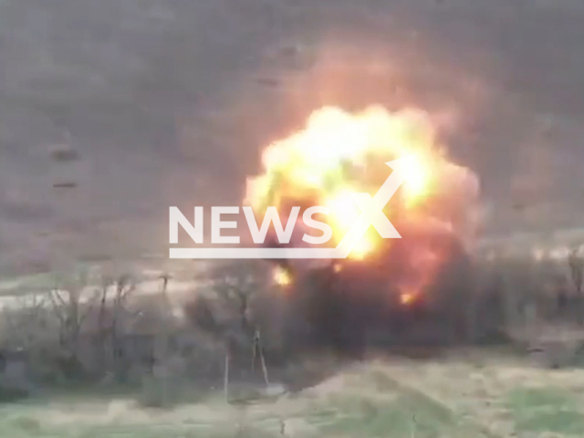 Ukrainian artillery hits Russian military equipment and positions on the front lines in Ukraine in undated footage. The footage was released by the 44th separate artillery brigade on Wednesday, Apr. 26, 2023. Note: Picture is screenshot from a video. (@44art.br/Newsflash)