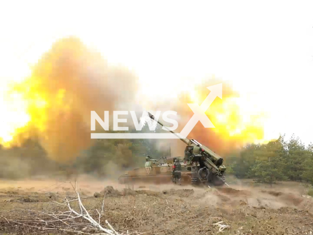 Russian artillery fire at Ukrainian military positions in Ukraine in undated footage. The footage was released by Russian MoD on Wednesday, Apr. 26, 2023. Note: Picture is a screenshot from a video (Russian Ministry of Defence/Newsflash)