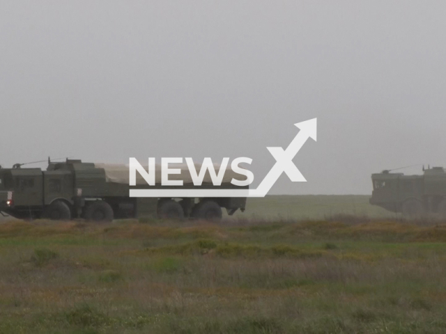 Belarusian military train with nuclear capable Iskander-M short-range ballistic missiles at one of the training grounds of the Southern Military District in Russia in undated footage. The footage was released by Russian MoD on Wednesday, Apr. 26, 2023.
Note: Picture is a screenshot from a video (Russian Ministry of Defence/Newsflash)