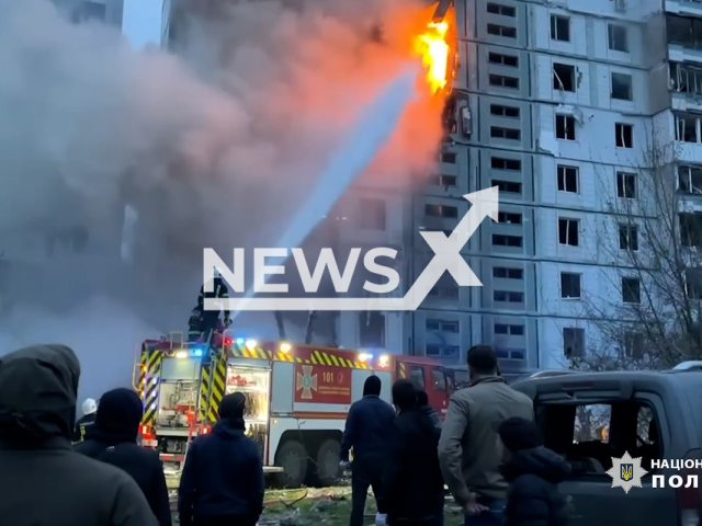 Firefighters extinguish the fire from the destroyed buildings from the Russian rocket attacks in Uman in Ukraine on Friday, Apr. 2023. According the officials eleven people including a child were killed in an attack that hit a block of flats in the central city of Uman.
Note: Picture is a screenshot from a video (@nationalpoliceofukraine/Newsflash)