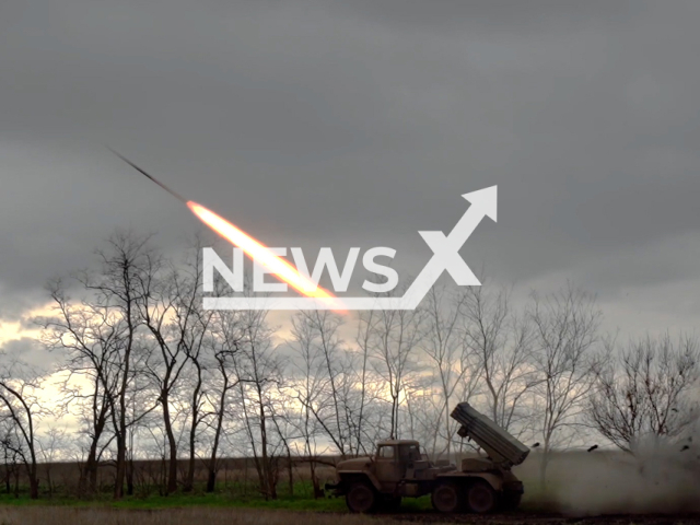 Russian MLRS "Tornado-G" lunch rockets at Ukrainian military positions in Ukraine in undated footage. The footage was released by Russian MoD on Saturday, Apr. 30, 2023.
Note: Picture is a screenshot from a video (Russian Ministry of Defence/Newsflash)