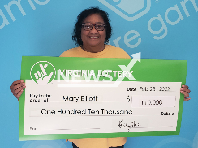 Mary Elliot, the Virginia woman who fished $110,000 winning lottery ticket out of the trash in March 2022.
Note: Press release photo(Virginia Lottery/Newsflash).