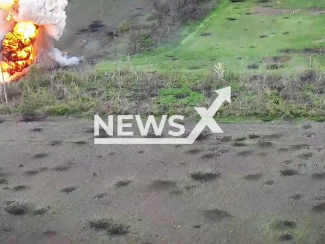 Ukrainian drones drop bombs and destroy Russian armored fighting vehicles in Donetsk region in Ukraine in undated footage. The footage was released by 79th separate amphibious assault brigade of Mykolaiv on Tuesday, May. 2, 2023. Note: Picture is a screenshot from a video (@79AMBUA/Newsflash)