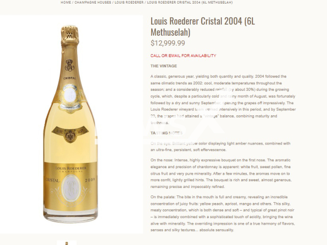 Image shows a bottle of Louis Roederer Cristal (6L Methuselah) Champagne, undated photo. A man from the city of Duesseldorf, Germany, is on court for refusing to pay EUR 13,000 (GBP 11,431) because he misheard the price in May 2022. Note: Photo is a screenshot from a site. (Premier Champagne/Newsflash)