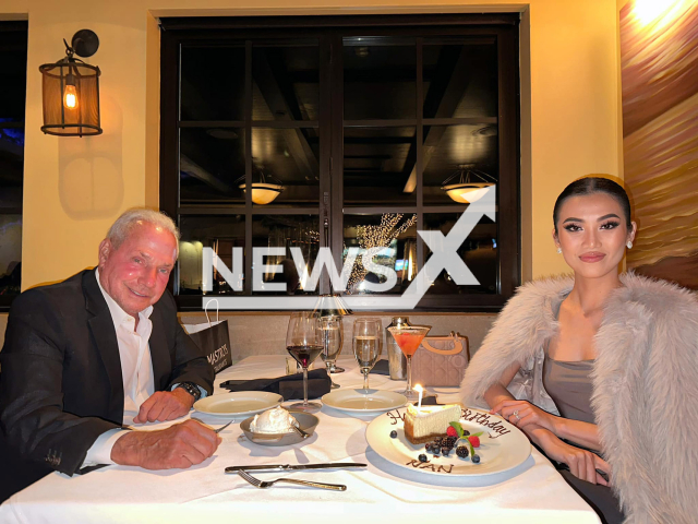 Picture shows Vietnamese model, Co Ngan, 29, with her fiancée and American billionaire Wynn Katz, 75, in Mastro's Ocean Club restaurant, Newport Beach, California, USA on Monday, April 24, 2023. They celebrated Co Ngan`s 29th birthday. Note: Private picture. (@JennyCoNgan/Newsflash)