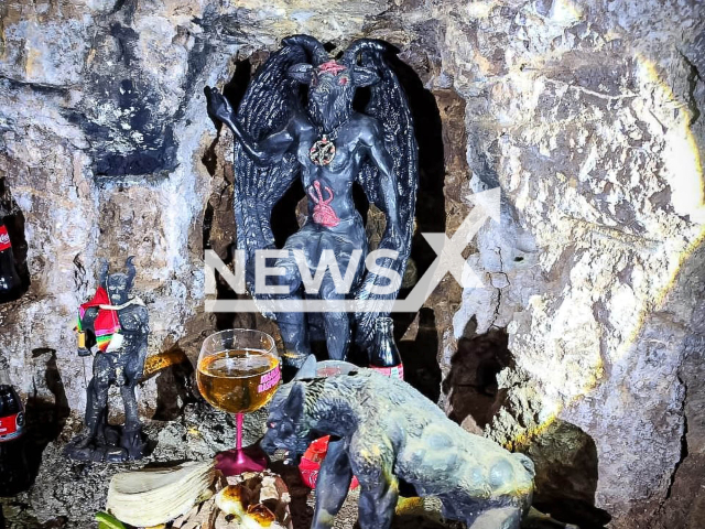 Photo shows an altar dedicated to Santa Muerte found in a tunnel in Cuautepec de Hinojosa, Mexico, undated. Police detained ten people in the operation. Note: Picture is private (Secretary of Public Security of Hidalgo/Newsflash)