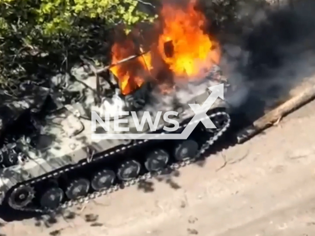 Russian BMP is blown to pieces after the hit from the Ukrainian anti-tank fighters in Ukraine in undated footage. The footage was released by 72nd of the separate mechanized brigade on Sunday, May. 7, 2023. Note: Picture is screenshot from a video. (@72.brigade.best/Newsflash)