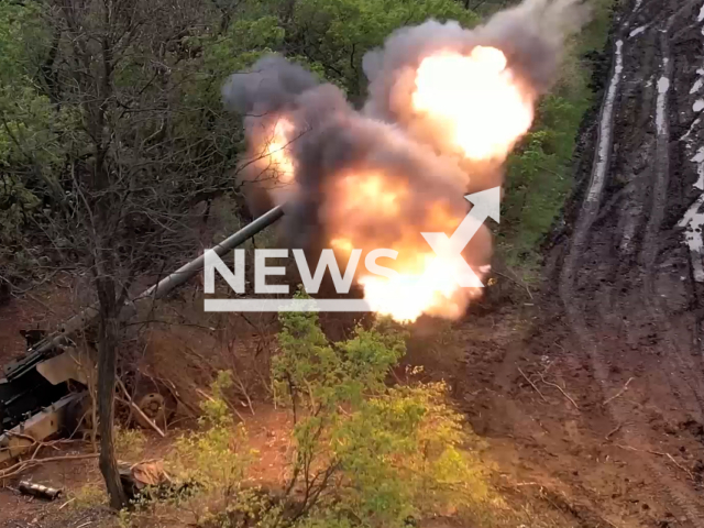 Russian "Hyacinth-B" towed guns hit Ukrainian camouflaged strongholds in the war zone in Ukraine in undated footage. The footage was released by Russian MoD on Monday, May. 8, 2023. Note: Picture is screenshot from a video. (@mod_russia/Newsflash)