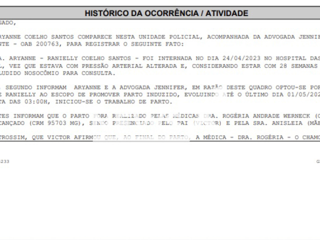 Photo shows the police report filed by a family who lost their baby during birth, undated. A family denounced that a baby died after having her head ripped off during childbirth, in Belo Horizonte, Brazil, Monday, May 1, 2023. Note: Picture is private (Newsflash)