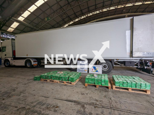 Image shows the truck carrying cocaine hidden in banana boxes, undated photo. The drugs were seized from a criminal organisation operating from South America through the port of Vigo, in the city of Vigo, Pontevedra, Galicia, Spain, on Friday, May 5, 2023. Note: Licensed content. (Ministerio Del Interior/Newsflash)